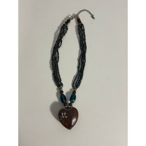 Brown Wooden Heart Statement Pendant Necklace Beaded Strands Bohemian